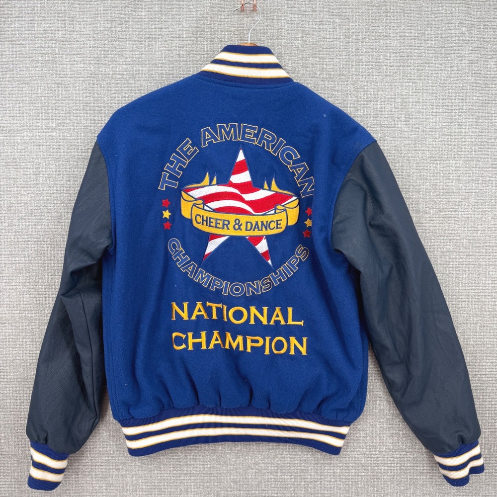 Varsity Blue Wool Leather Sleeve Letterman Jacket American Cheer Dance Sz‎ S